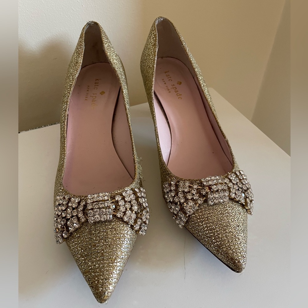 Kate Spade gold sparkle heels with rhinestone bow